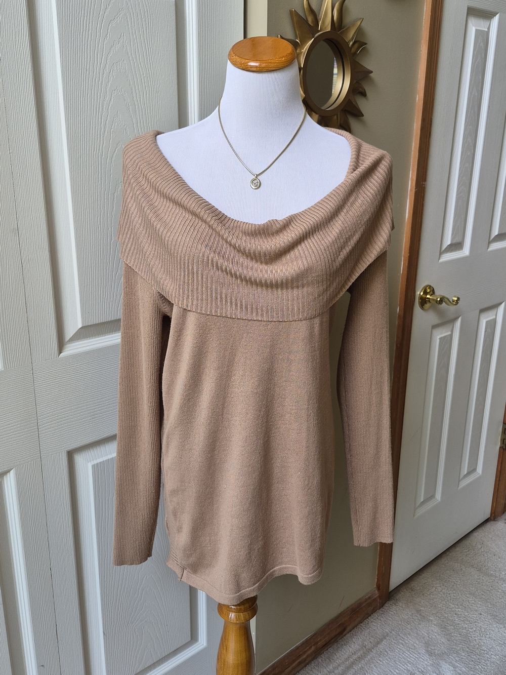 Roz & Ali Foldover Off-Shoulder Sweater - Tan